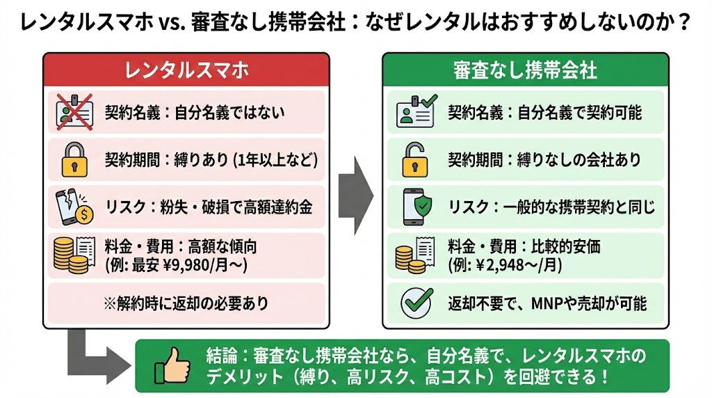 レンタルスマホと審査なし携帯会社の比較図解。レンタルスマホは自分名義契約不可・縛りあり・高額などのデメリットがある一方、審査なし携帯会社は自分名義で契約可能・安価・返却不要などのメリットがあることを解説